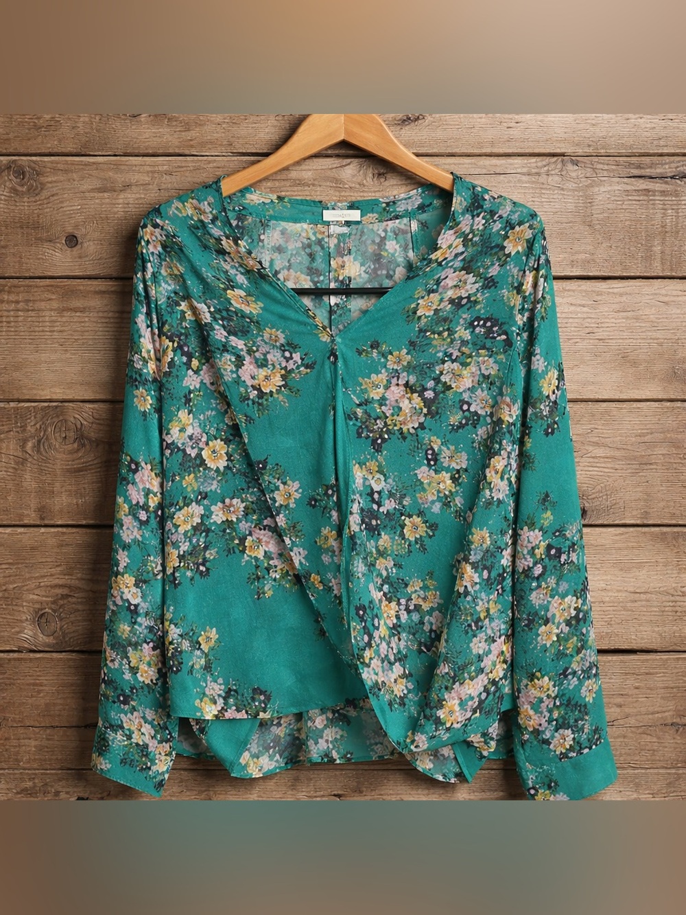 Maurices Size 1 turquoise/teal green floral crossfront Sheer blouse Long sleeve